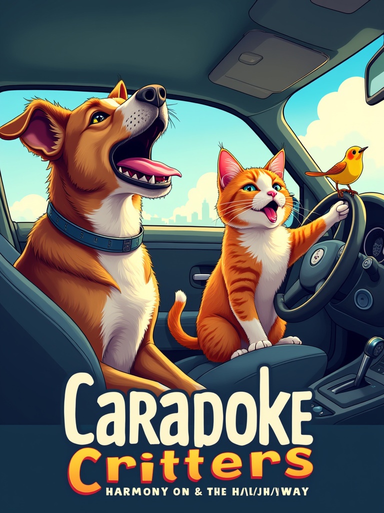 Design a T-shirt featuring a dog a cat and a bird singing enthusiastically in a car. Captivating animal characters with vibrant expressions and a joyful ambiance convey a fun adventure on the road together.