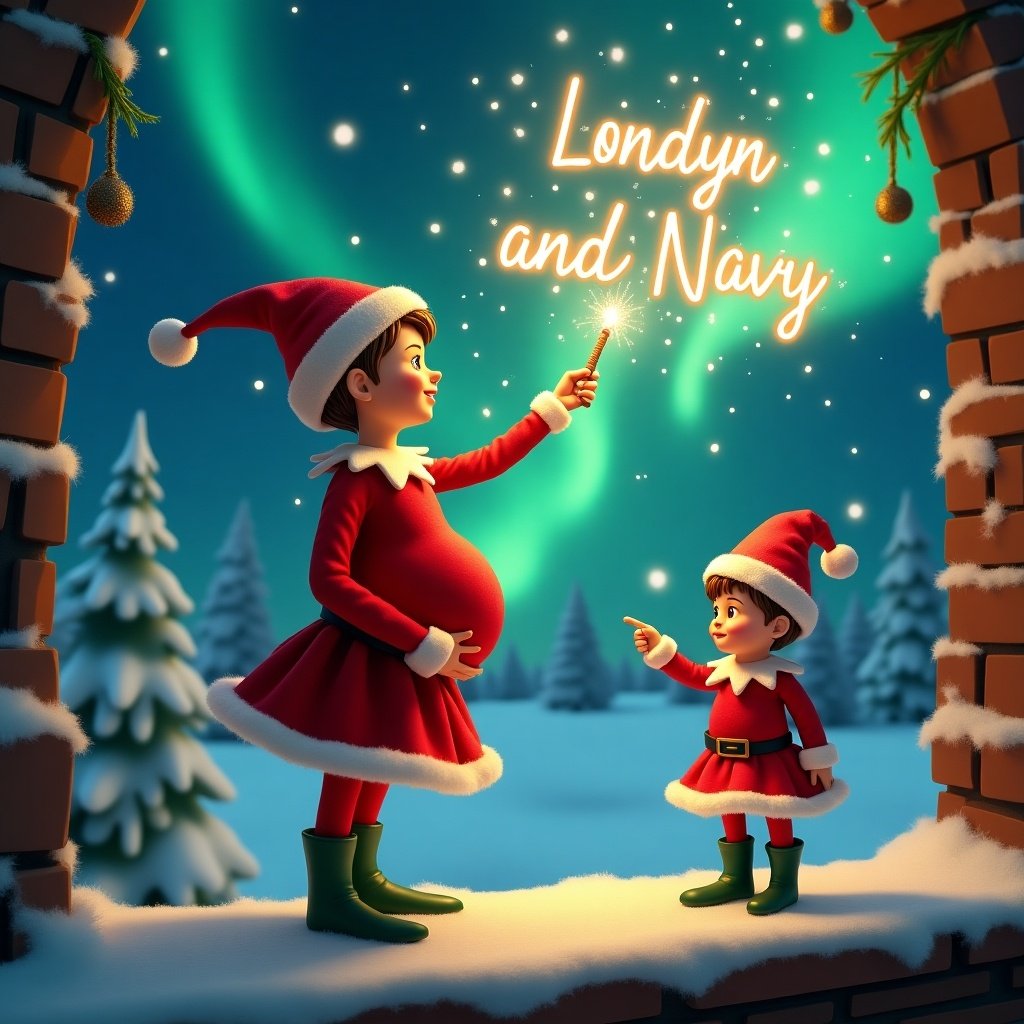 Enchanting Christmas scene with a realistic elf on the shelf. Elf wearing a red skirt and pregnant belly faces the sky. Twin brother elf in green boots smiles and points. The elf uses a wand to write 'Londyn and Navy'. Background features vibrant northern lights for a magical effect. Festive and whimsical portrayal of Christmas spirit.