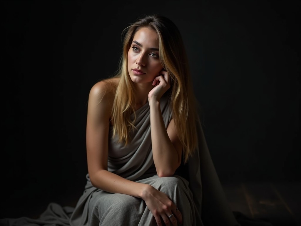 The image captures a woman seated, wrapped in an elegant fabric, with a contemplative expression. Her long hair drapes over her shoulder, while soft lighting enhances her poised posture against a dark, minimalist background. The mood is intimate and thoughtful, drawing viewers into her reflective state.