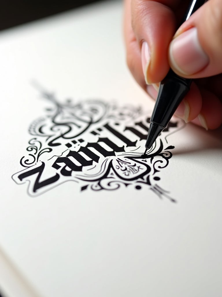 Close up view of hand writing Arabic calligraphy. Bold black ink on white paper. Hand steady and focused on letters. Designs surround main calligraphy. Soft lighting enhances strokes.