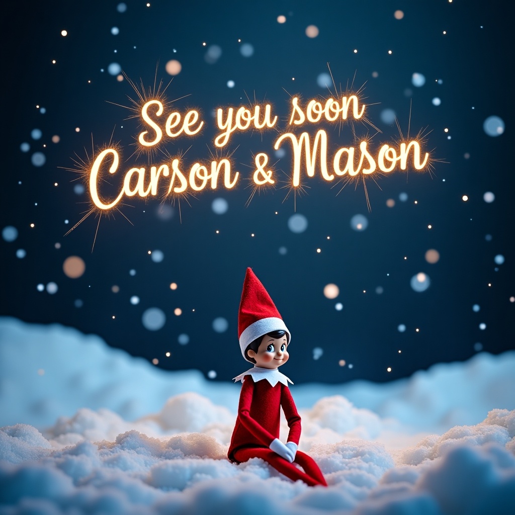 The image features a whimsical Elf on the Shelf sitting in a snowy landscape at night. The elf is dressed in a traditional red outfit, looking up with an innocent expression. Above the elf, the phrase 'See you soon Carson & Mason' is written in sparkling lights, resembling sparklers in the night sky. Snow is gently falling, adding to the magical ambiance of the scene. The setting creates a warm and festive feeling, perfect for the holiday season.