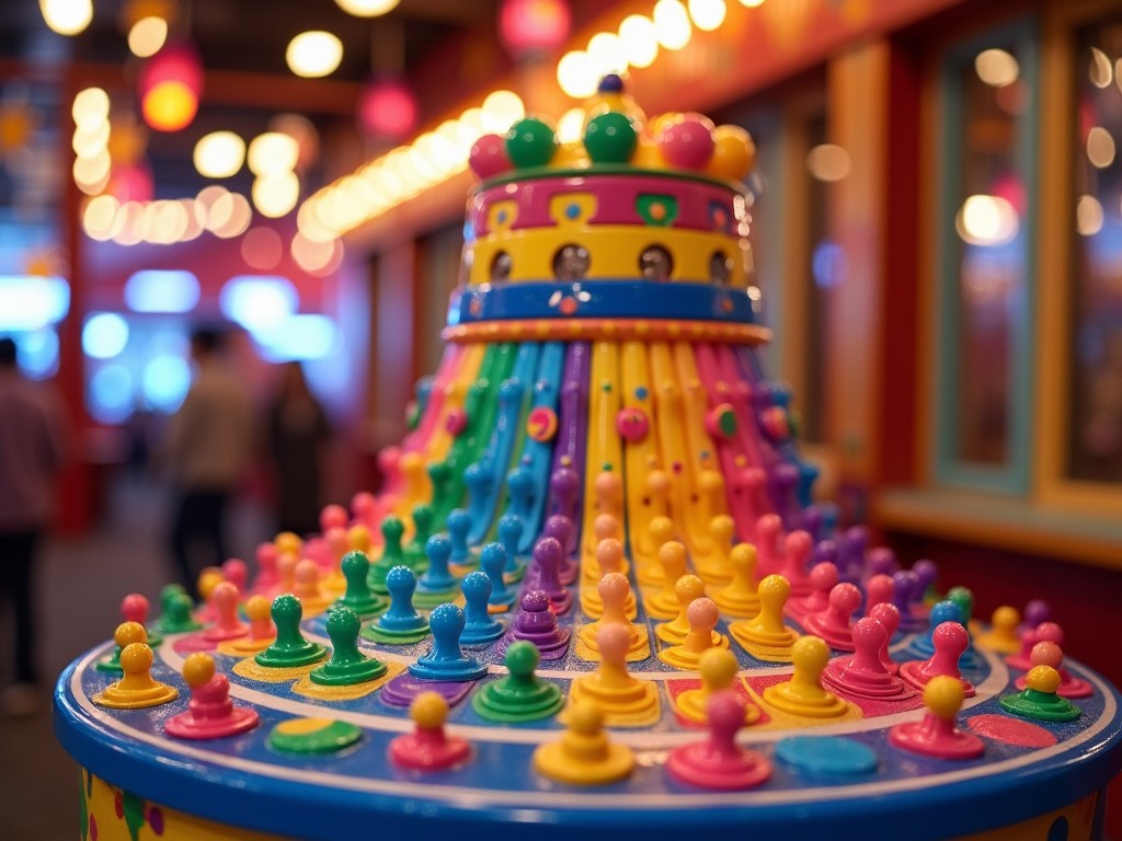 The image showcases a vibrant Plinko game that is a popular attraction in family entertainment centers. The Plinko board is adorned with bright colors, featuring various colored pegs and slots. A festive ambiance is created by the colorful lighting in the background. The game is designed to be engaging and fun for young visitors. In the foreground, the Plinko machine stands out as an eye-catching activity for families. The atmosphere is lively, hinting at the joy and laughter that await players.