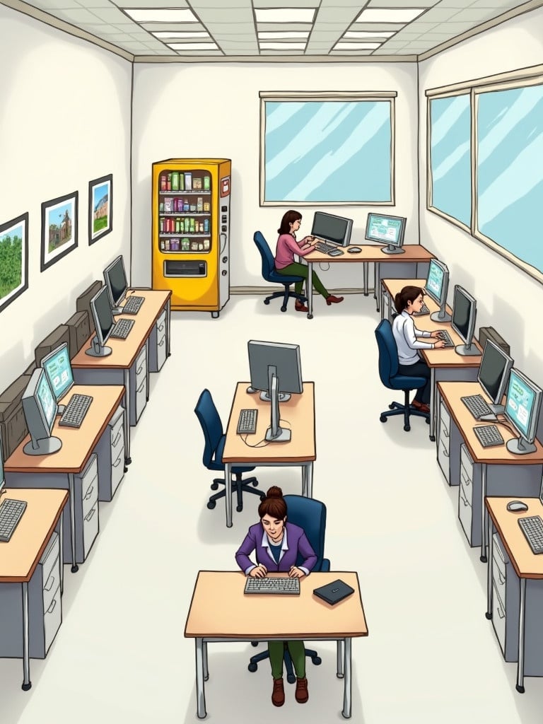 Illustration of a modern office interior. Features multiple tables and computers. Office elements include cubic tables and wall art. A vending machine is present in the room.