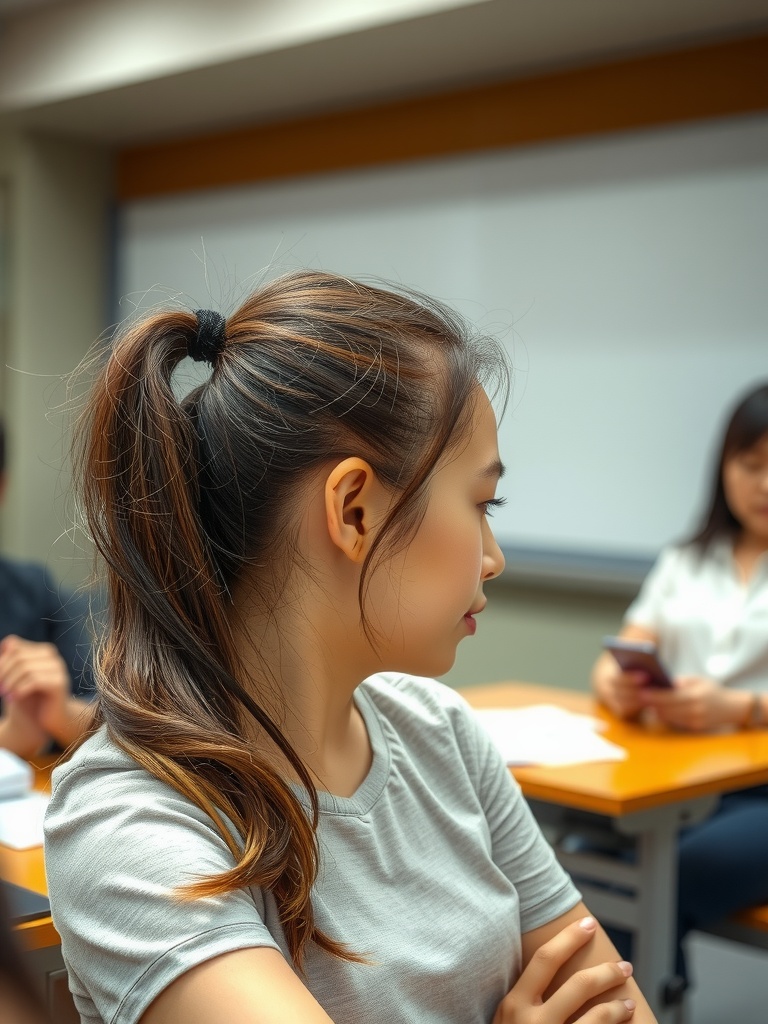 A young woman in a classroom setting, gazing thoughtfully to the side.