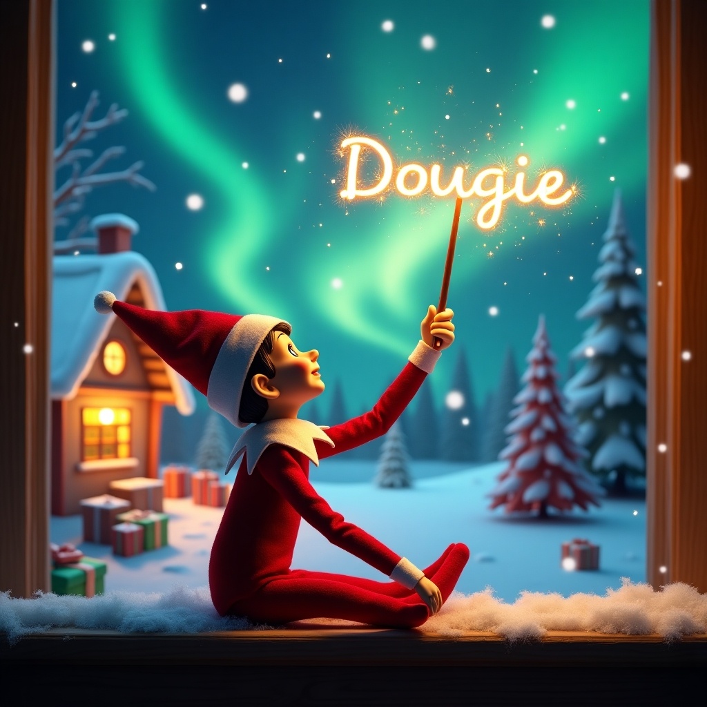 The image features an elf on the shelf sitting with its back to the viewer, gazing skyward in wonder. It holds a glowing wand that emits a delightfully sparkling light. The backdrop is a cozy Christmas scene, adorned with colorful northern lights swirling above. In the distance, there’s Santa's toy workshop surrounded by wrapped presents, nestled in a blanket of snow. The elf's playful pose captures the essence of Christmas magic, with the name 'Dougie' written high in the air by the wand, inviting in a feeling of holiday cheer.