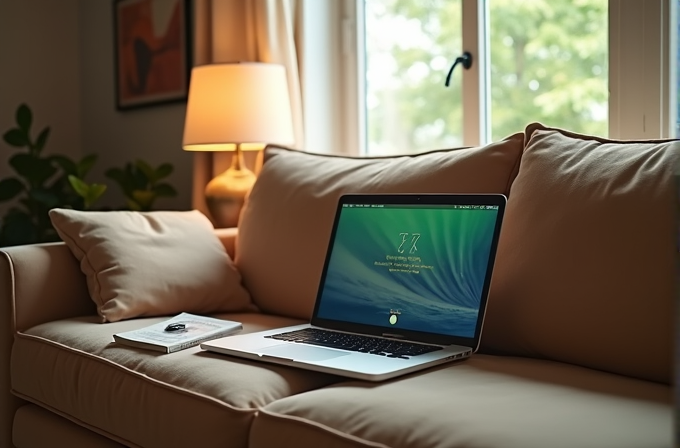 A laptop on a beige sofa beside a book, with a nearby lamp, framed art, and a sunlit window with greenery outside.