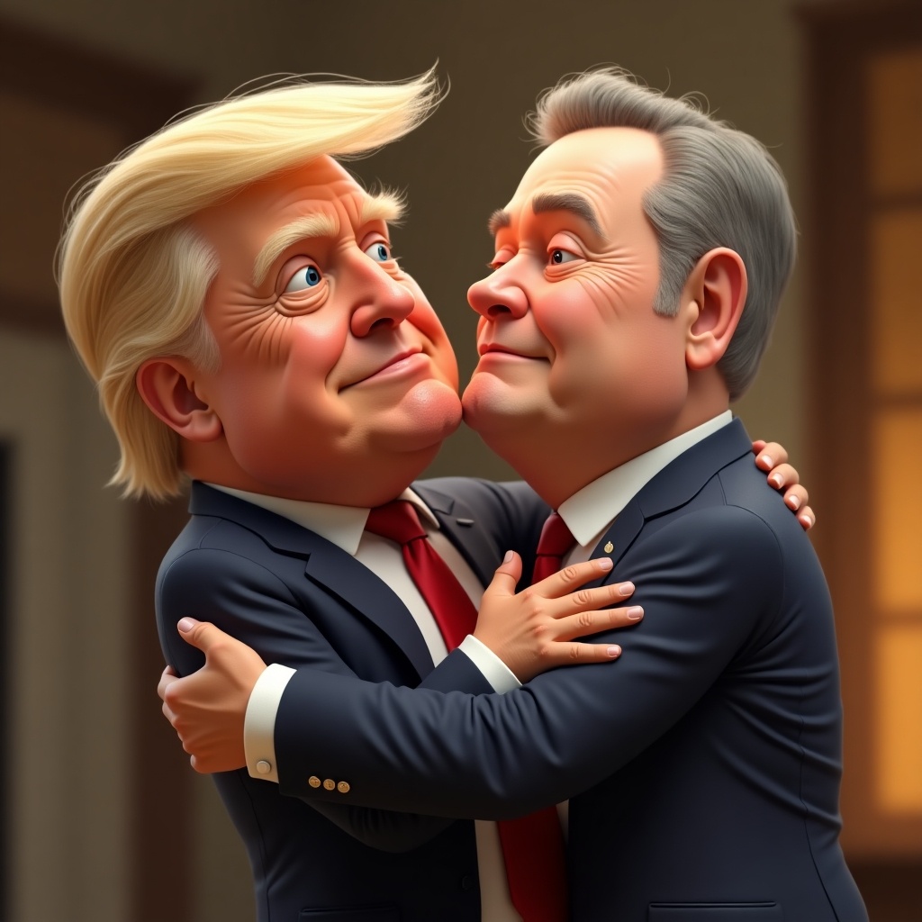 Animated characters of political figures hugging depicting a humorous scenario. Designed for meme coin promotion.