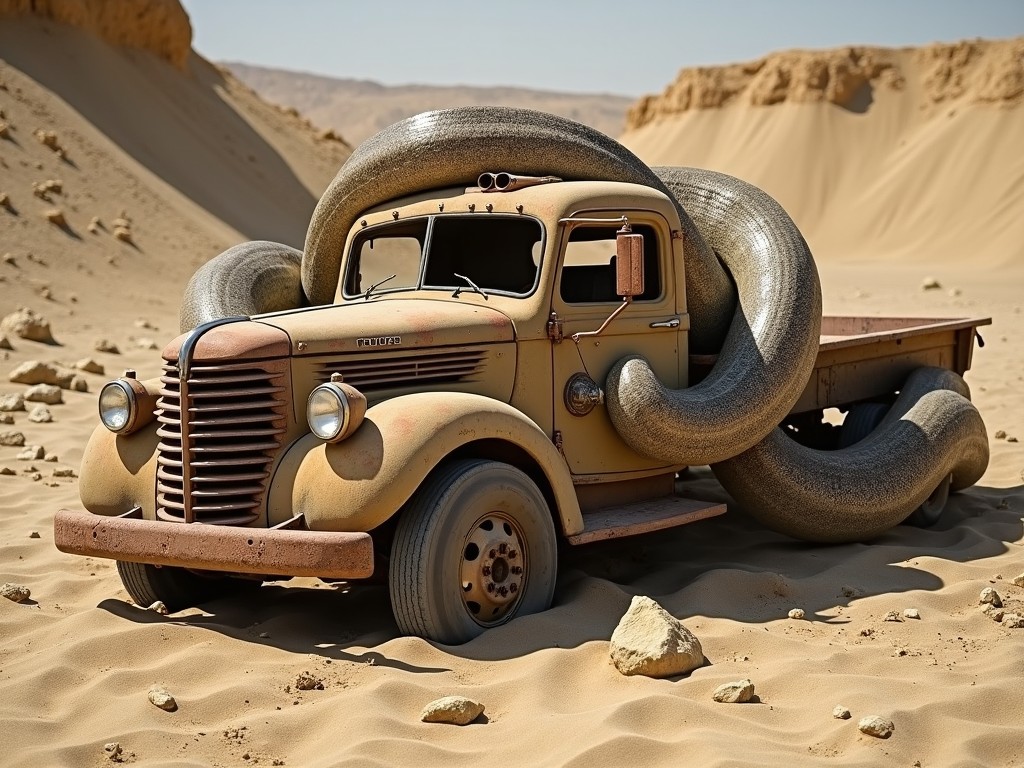 The image features a vintage truck, prominently displayed amidst the vastness of a desert landscape. The truck, painted in soft yellow tones, has a rugged, weathered look, emphasizing its age. Uniquely, a large, snake-like creature is entwined around the truck, creating a surreal combination of elements. The background consists of sandy dunes and distant mountains, enhancing the arid, remote feeling of the scene. The composition is characterized by warm colors and bright lighting, giving a sense of stark reality and imagination.