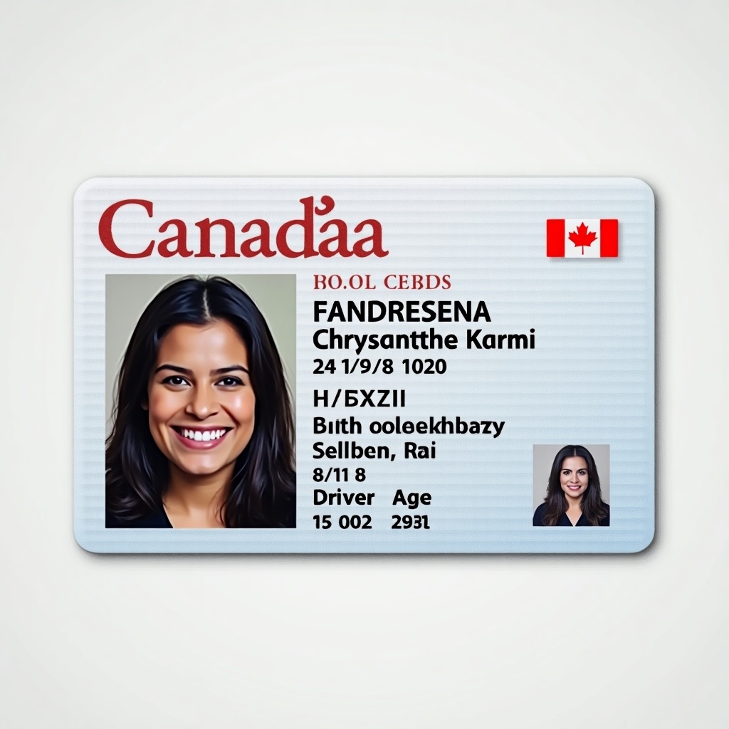 Image displays Canadian driver license card. Name reads FANDRESENA Chrysanthe Karmi. Age 24. Birth date is 15/02/2000. Includes profile photo. Designed for identity verification.