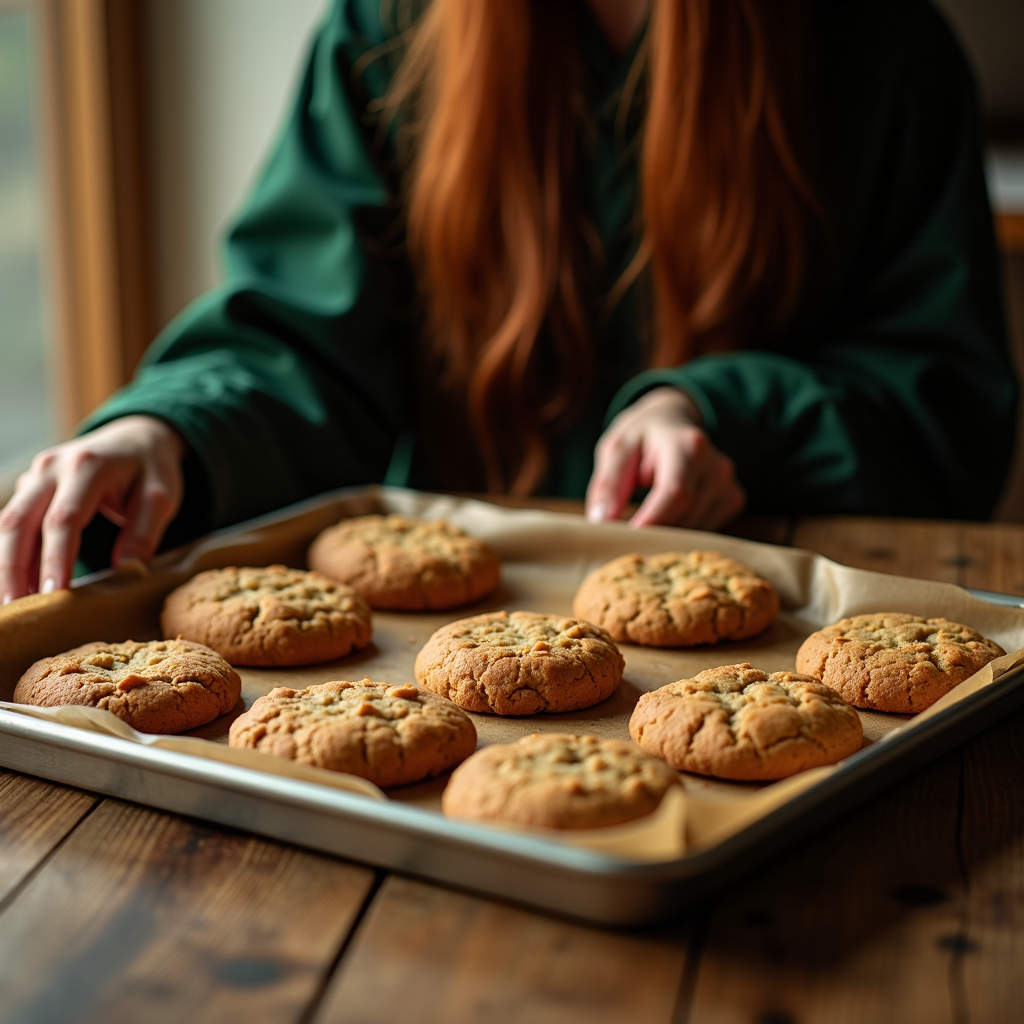 A person in a green shirt holds a baking tray filled with freshly baked cookies, resting on a wooden table.