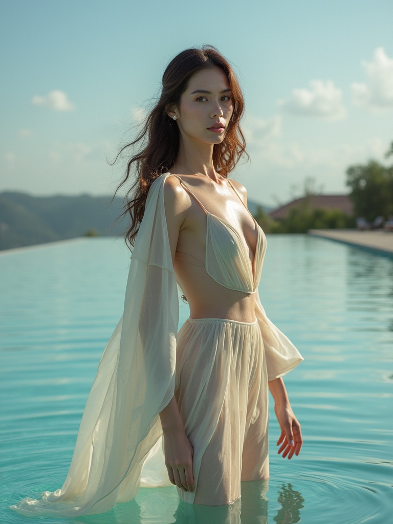 Glamorous fashion photoshoot features a model in a beautiful luxurious outfit. Model stands gracefully in water with a serene background. Soft natural light enhances the elegance of the scene. The composition showcases smooth lines and detailed textures in clothing. The image offers a sense of depth and balance through thoughtful framing.