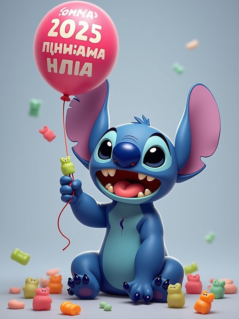 Cute blue alien character named Stitch with big ears and joyful expression. Stitch is sitting with a wide smile showing teeth. He is throwing gummy bears with one hand. His mouth is full of gummy bears. In the other hand, he is holding a balloon with a message.