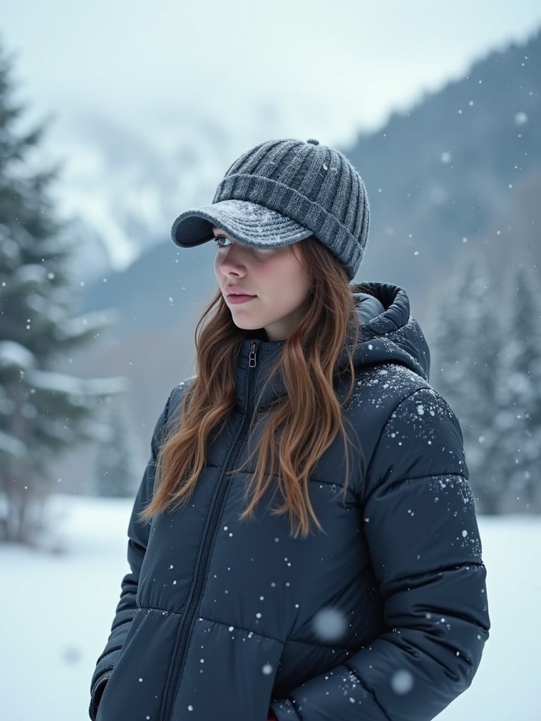 A woman stands in a snowstorm. Falling snowflakes surround her. The mountains and trees behind are covered in snow. She wears a cozy cap. The atmosphere is chilly and serene.