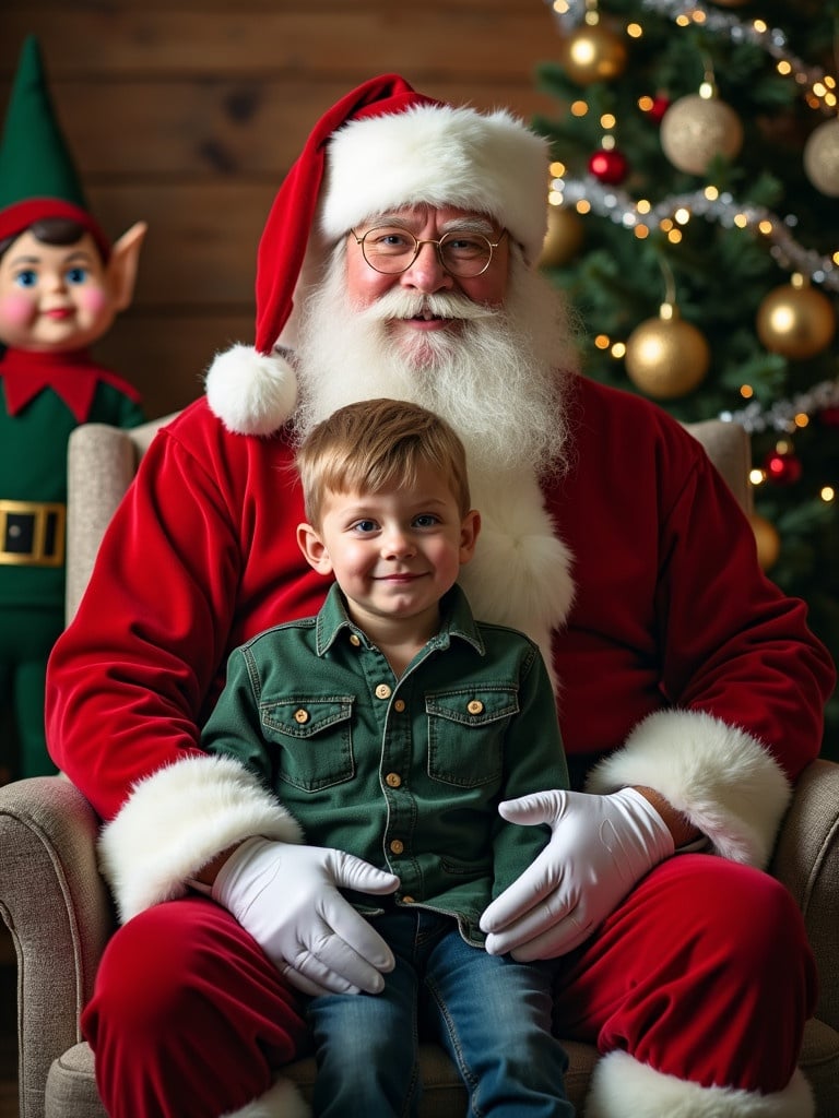 Boy sits on Santa Claus lap in festive Christmas setting. Background features a beautifully decorated Christmas tree with lights and ornaments. An elf in the scene adds to the holiday spirit.