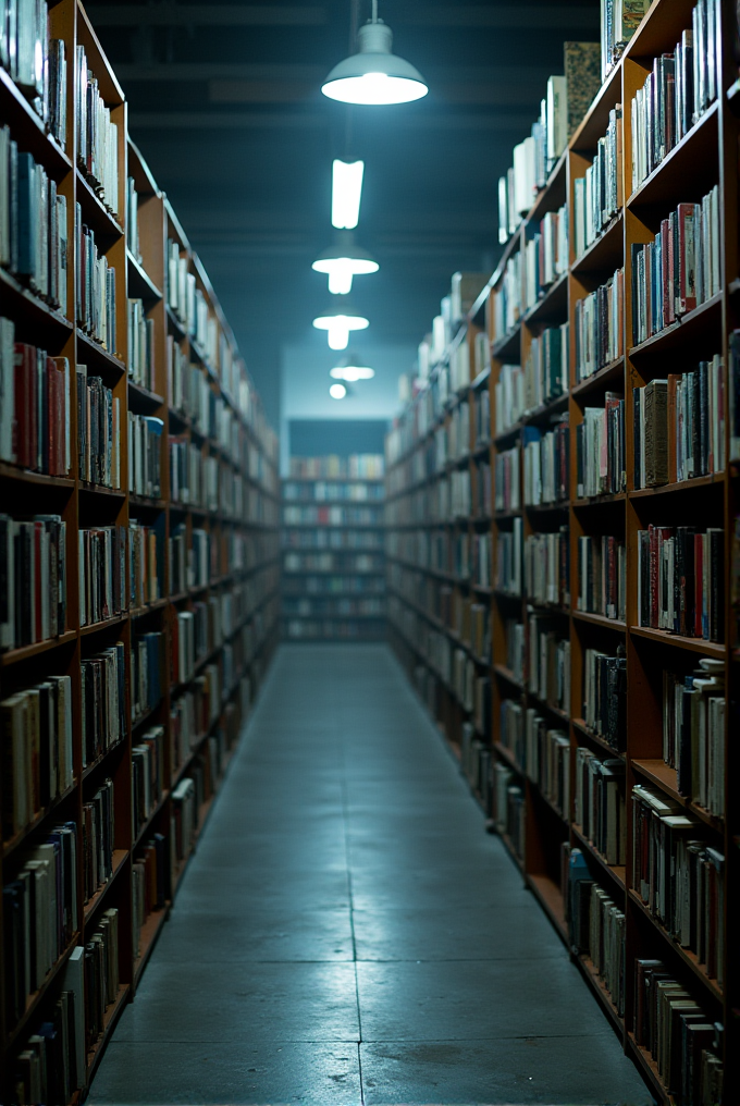 A dimly lit library aisle flanked by tall, densely packed bookshelves stretching into the distance.