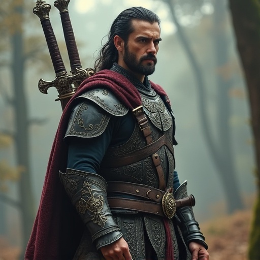 A man stands confidently with two swords on his back. The scene is set in an enchanted forest with soft lighting. The man has a strong build wearing ornate armor with a flowing cloak and a determined stance. The background is blurred but suggests a mystical environment.