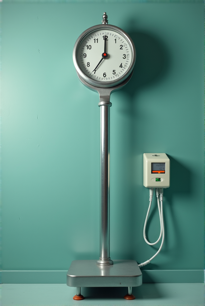 A tall metal freestanding clock with a cylindrical base next to a wall-mounted electric meter against a turquoise wall.