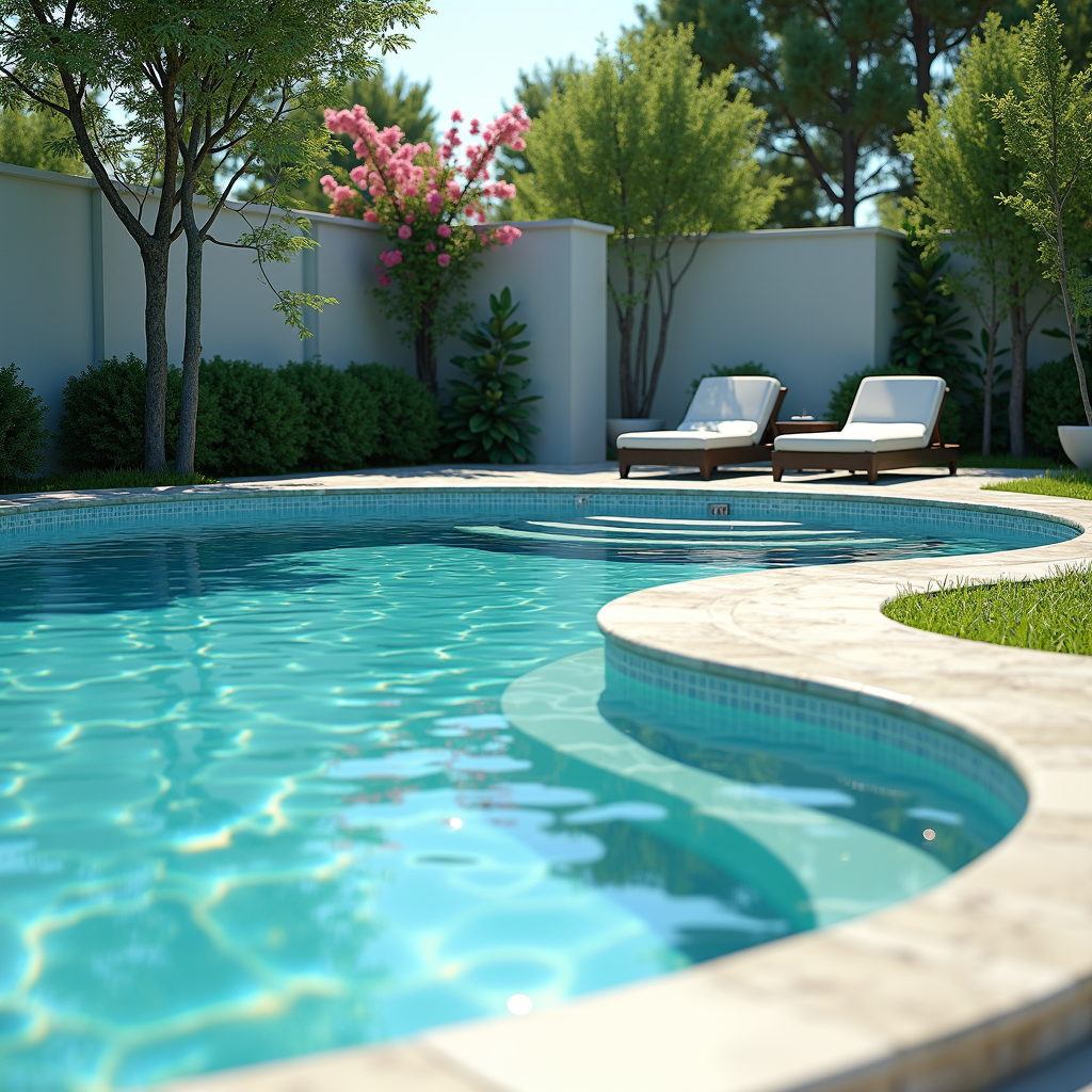 A tranquil backyard oasis featuring a clear blue pool surrounded by lush greenery and comfortable lounge chairs.