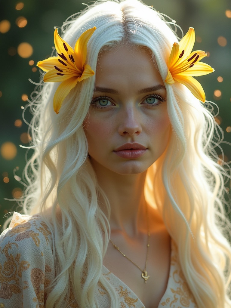 A mystical woman with long white hair adorned with golden lily flowers. She wears delicate fabric with floral patterns. Soft magical light surrounds her. The image evokes a sense of enchantment and wonder.