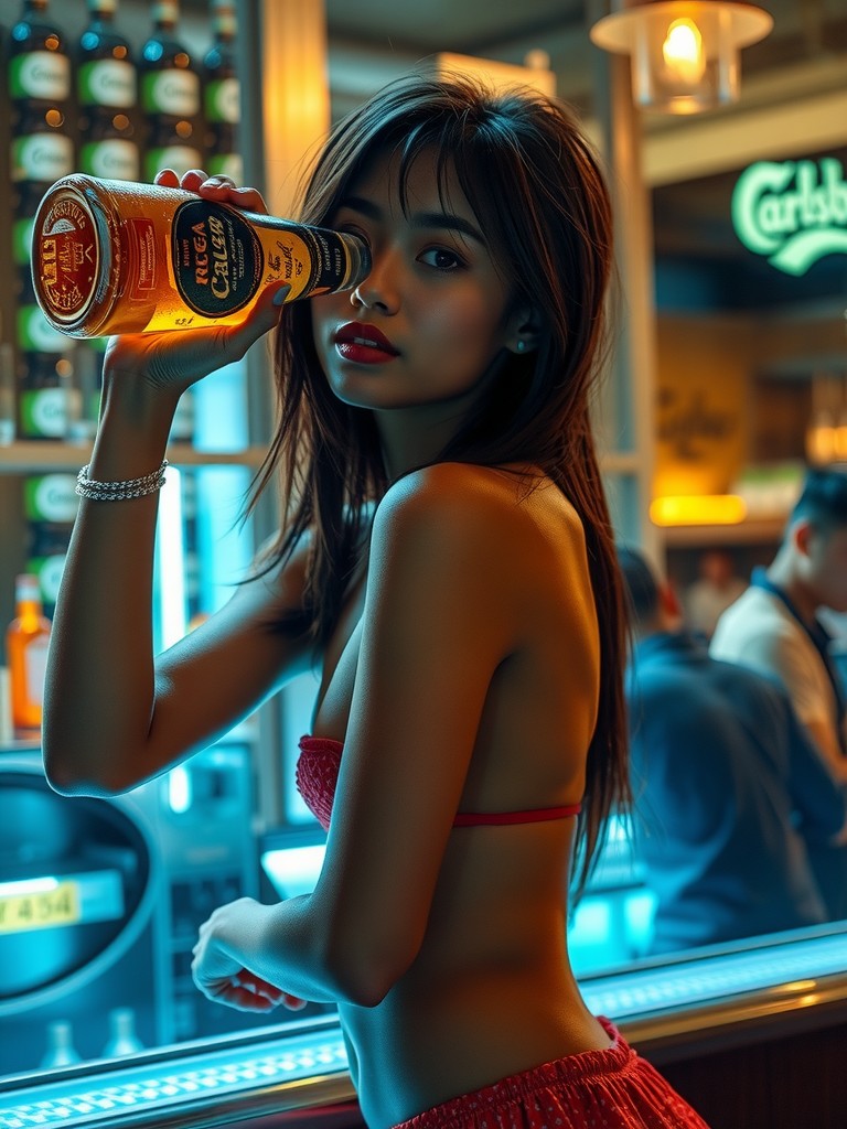 A woman in a bar holds a drink up to her face, exuding a lively and vibrant atmosphere.