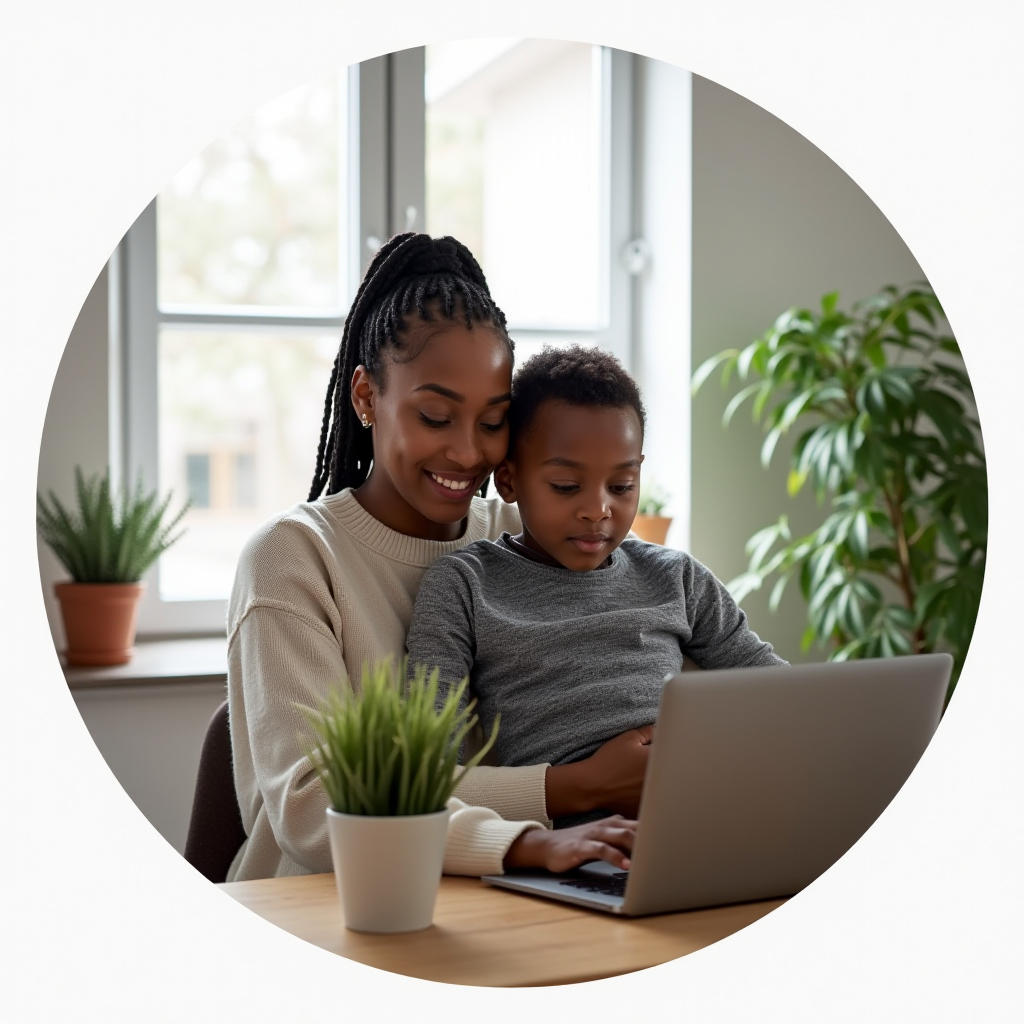 A woman and child happily look at a laptop together at home with plants around them.