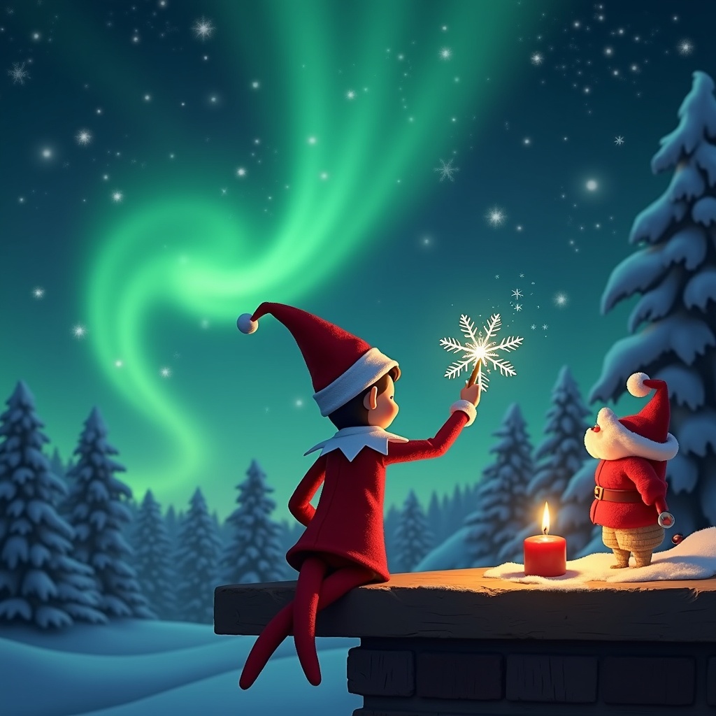 The scene depicts an elf on the shelf facing the enchanting night sky, with his back to the viewer. He is using a sparkling wand to write 'Layton' in the sky, surrounded by a magnificent display of northern lights. The background is filled with a snowy forest, softly glowing under the magical illumination. A cheerful Santa stands nearby, adding to the festive atmosphere, alongside a flickering candle. The overall mood is joyful and whimsical, perfect for celebrating the Christmas spirit.