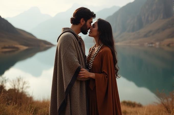 A couple in traditional attire shares a tender moment by a serene lakeside with distant mountains in the background.