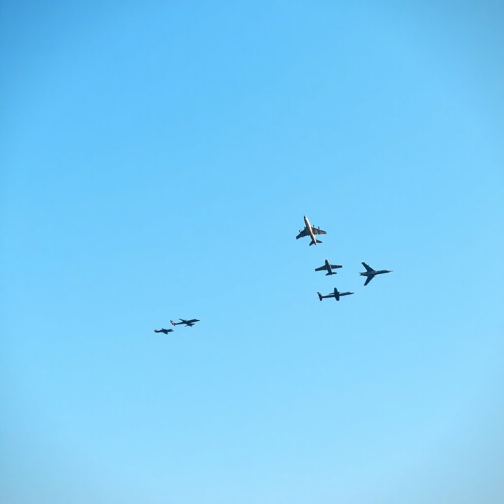 A blue sky scene featuring Indian Airforce fighters, helicopters, and transport planes in flight arrangement.