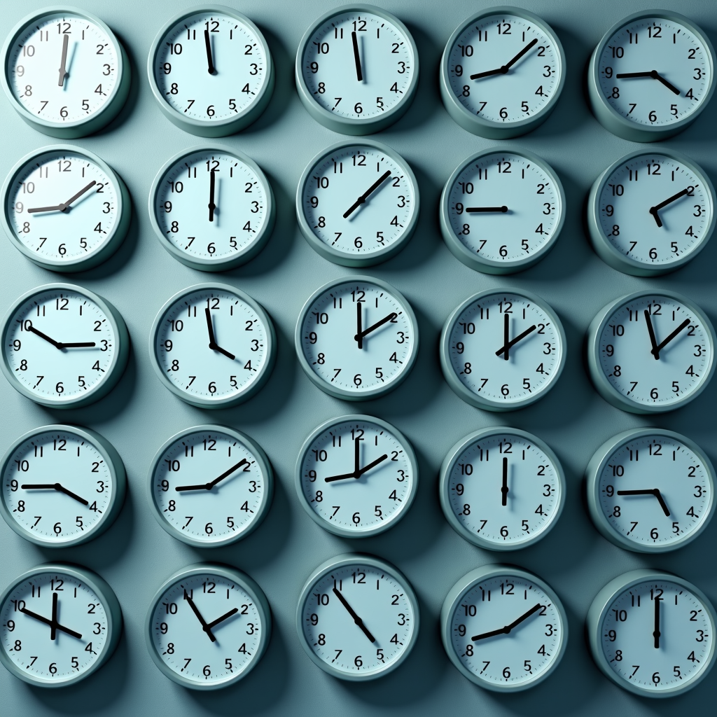 A wall covered with multiple clocks set to different times.