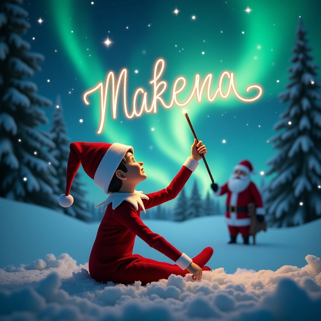 A Christmas scene features an elf sitting with its back facing us. The elf gazes up and writes 'Makena' in the night sky with a wand. Background shows northern lights and Santa Claus in the distance. Snow covers the ground, illustrating a serene winter landscape.