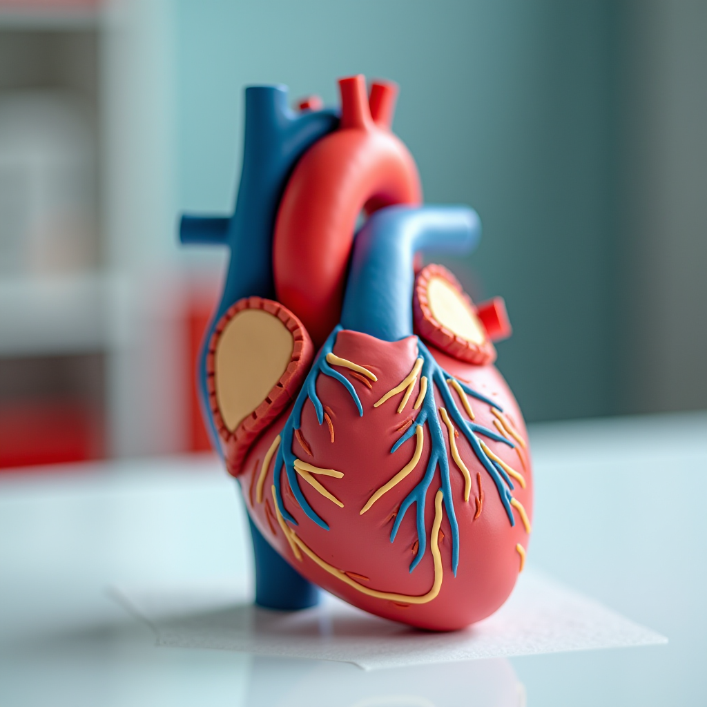 A brightly colored anatomical model of a human heart showing arteries and veins.