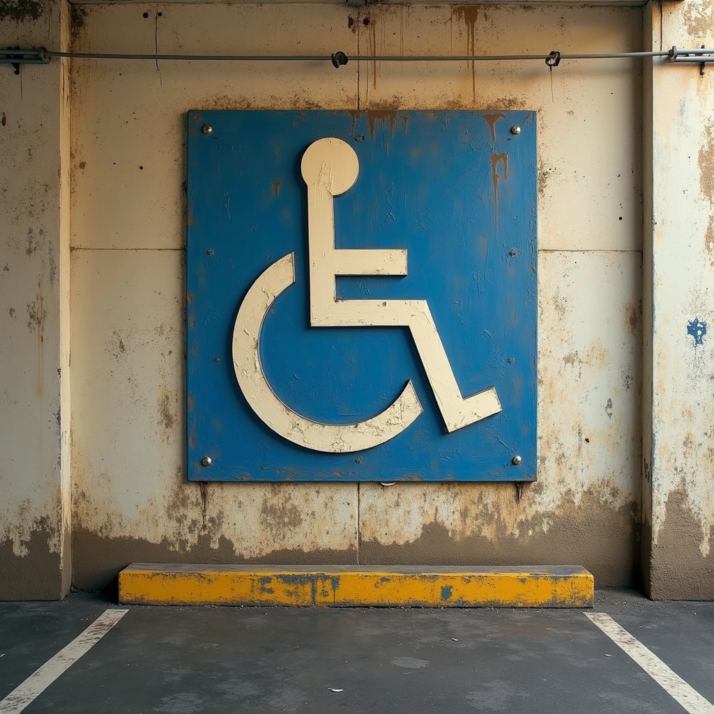 A large worn-out blue and white handicap sign on an aged, deteriorating concrete wall above a marked parking space.