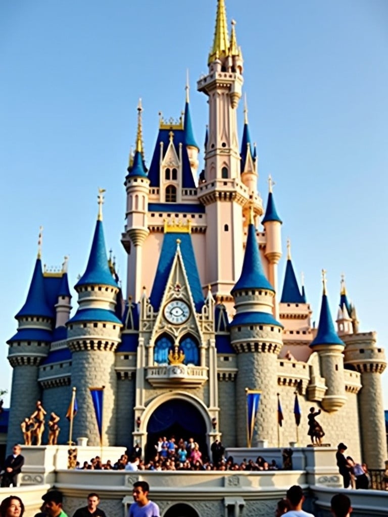 Cinderella Castle stands majestically in a theme park. It features blue roofs and golden spires. Crowds gather below enjoying their visit.