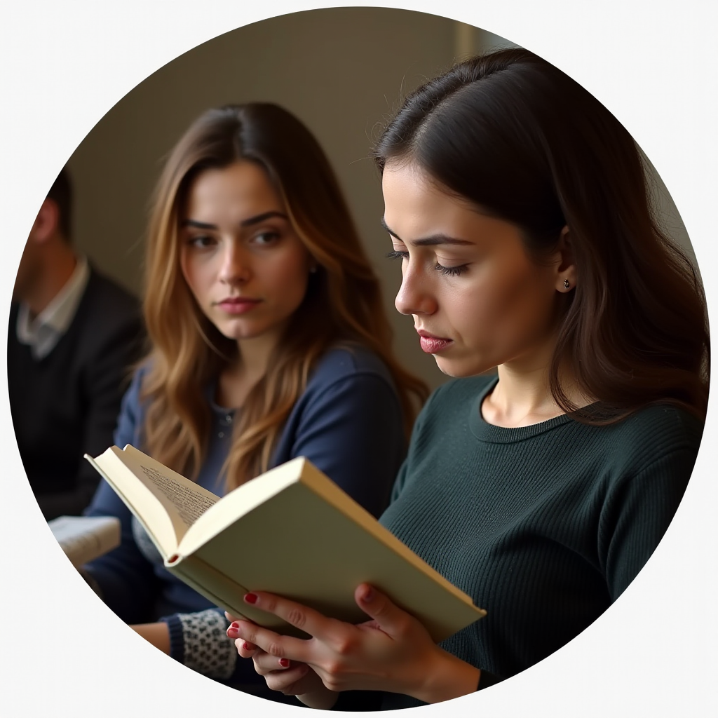 A woman is intently reading a book while another woman looks on.