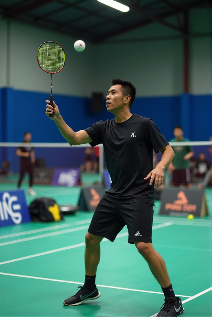 A badminton player intensely preparing to hit a shuttlecock in a brightly lit indoor court.