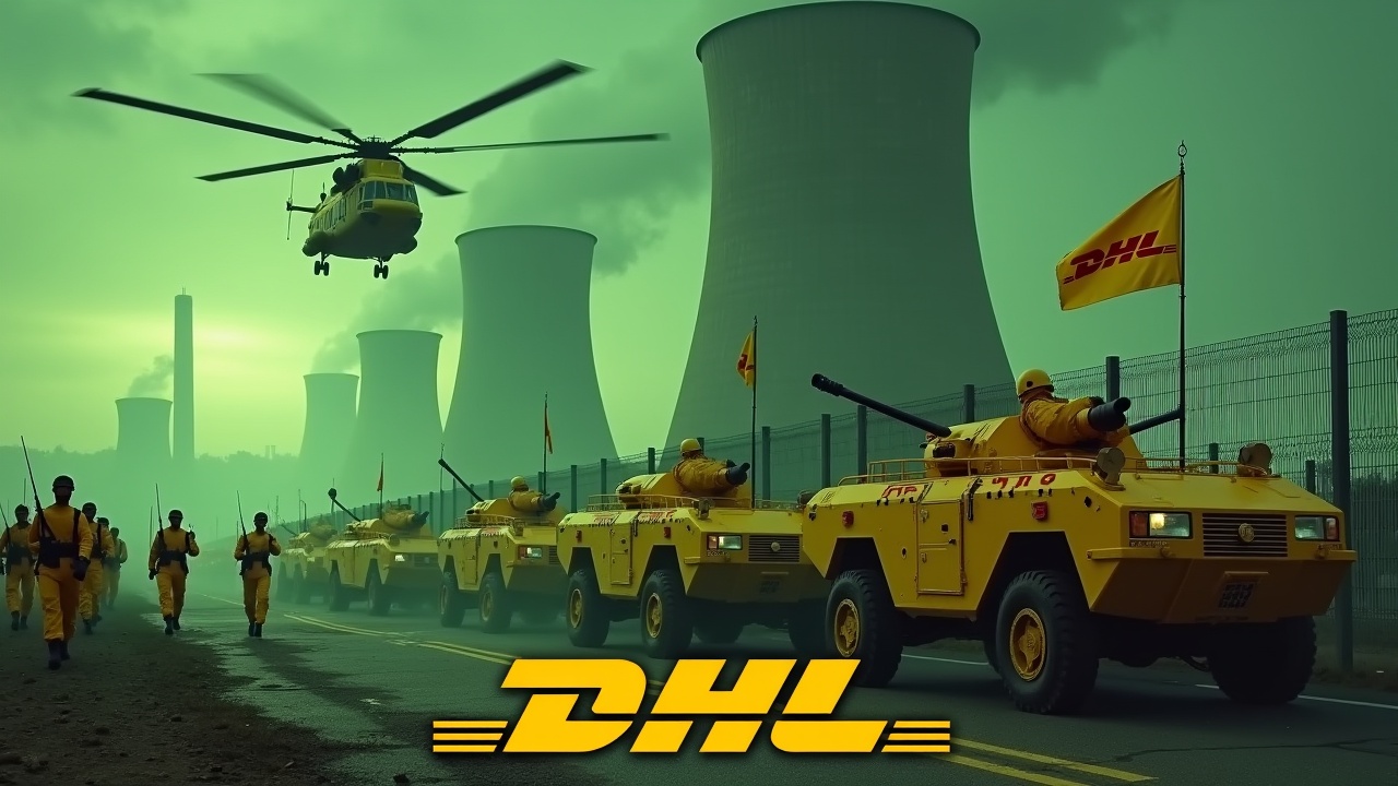 In this dramatic scene, several large yellow armored cars, equipped with cannons, drive up to a fence. The armored cars bear the DHL logo prominently on their sides. Nearby, we see soldiers dressed in yellow uniforms, marching in unison and holding rifles. One soldier proudly carries a flag with the DHL logo. The background features smokestacks of a nuclear power plant, glowing ominously green. Above, a large yellow Chinook CH-47 helicopter flies, adding intensity to the scene. The DHL logo is displayed prominently at the bottom in bold yellow text.