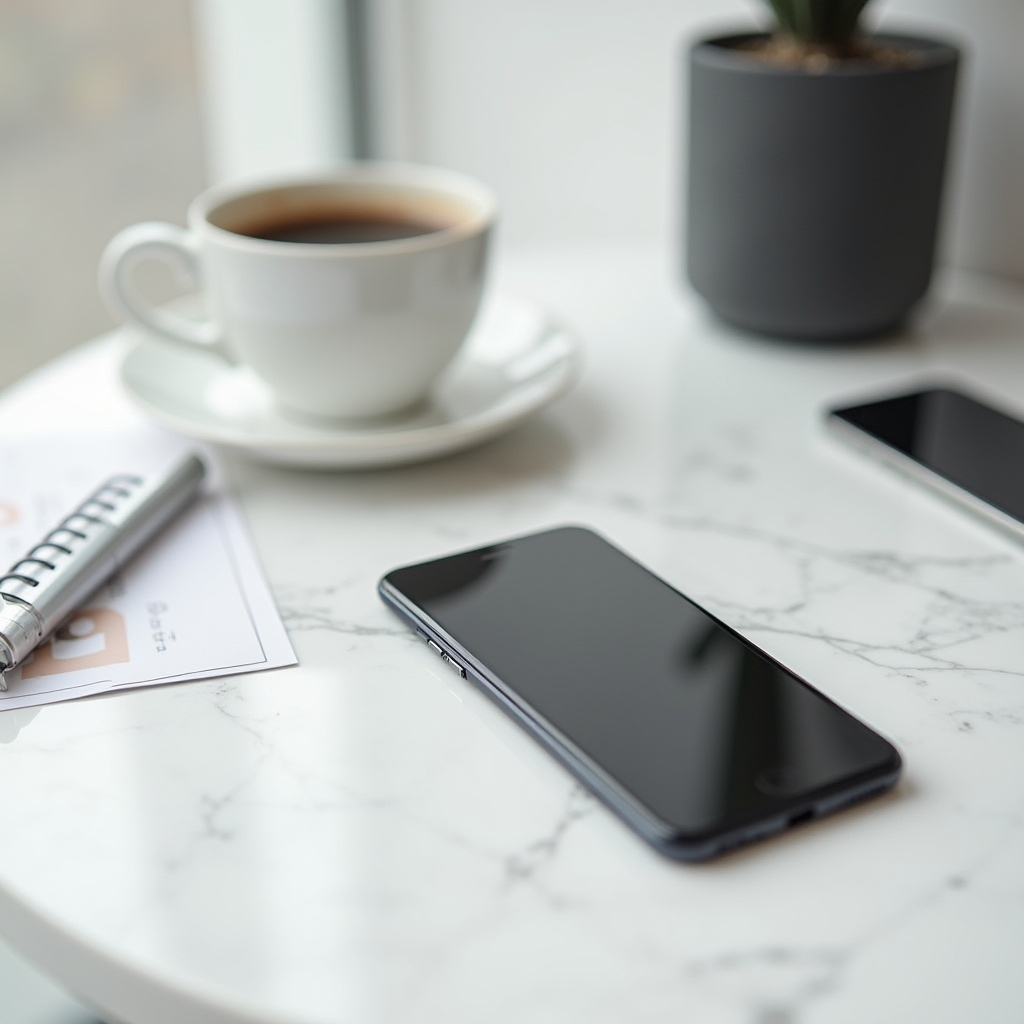 A smartphone, cup of coffee, and potted plant on a marble table.