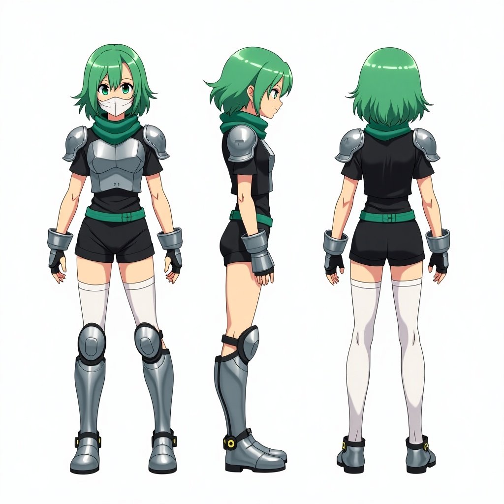 Anime tomboy nonbinary mercenary with green shoulder-length hair. Wears a white facemask, metal chestplate, and shoulder pads. Outfitted in a black shirt and green scarf. Features black short shorts with a green belt and white tights. Adorned with metal gauntlets, shin pads, and knee pads. Displayed in front, side, and back views.