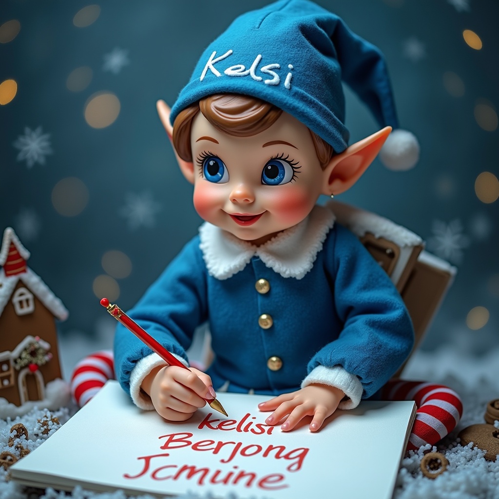 A delightful Christmas elf dressed in a blue outfit is seated at a table covered with snow-like decorations. The elf, with big expressive eyes, is carefully writing names on a piece of paper. The names include 'Kelsi', 'Coby', 'Lewis', 'Jasmine', and 'Lottie'. The setting is enhanced with warm, inviting lights creating a festive atmosphere. Gingerbread houses and candy canes are placed around, adding to the charm of the scene.