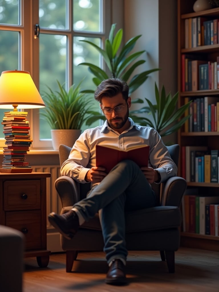 A hyper-realistic scene with a man sitting in an armchair. He is reading a book. The lighting is warm. There is a lamp made of stacked books. The room has plants by the window and a colorful bookshelf in the background.