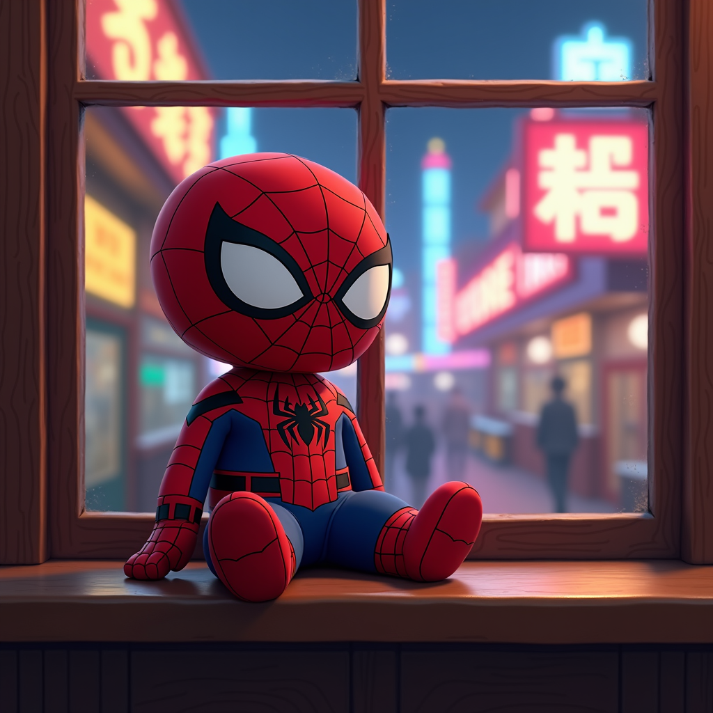 A cute, chibi-style Spider-Man figure sitting on a windowsill with a vibrant cityscape backdrop.