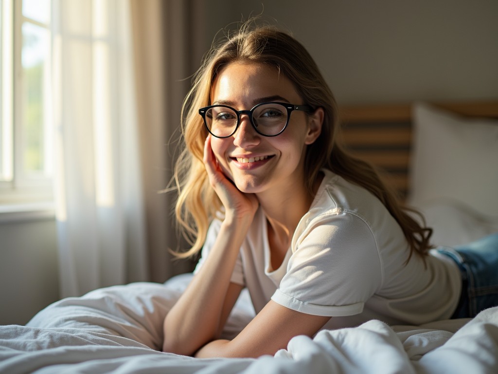 A person lying on a bed in casual attire, smiling, with sunlight streaming in through a window.