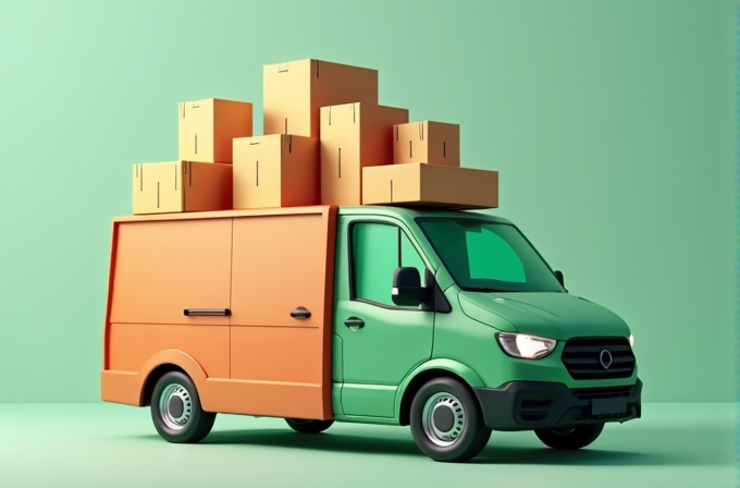 A vibrant green and orange van is creatively stacked with numerous cardboard boxes on its top against a matching green background.