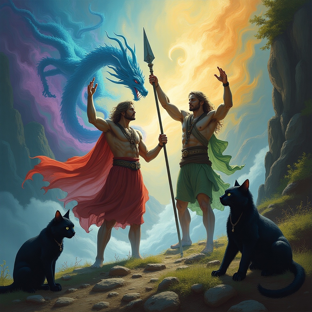 Mythical scene with two powerful characters. One holds a spear. The other gestures with raised hands. A dragon-like creature emerges. Background features a lush mountainous landscape. Dark cat-like creature sits in the foreground. Composition suggests energy and supernatural elements.