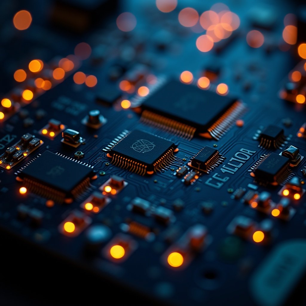 Close-up of an electronic circuit board with glowing elements