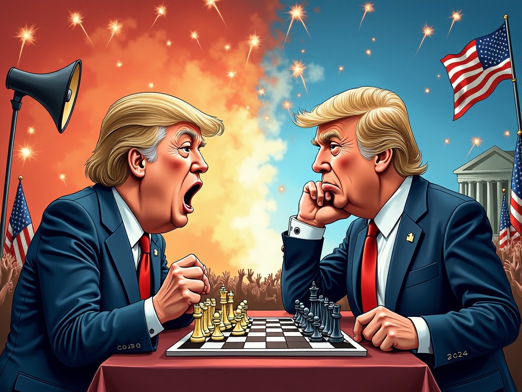 This political cartoon features a dramatic chess match between two representations of Trump, illustrating the clash of styles in the final days of the 2024 campaign. On one side, Trump is passionately reacting, embodying his loose-cannon rally style. Opposite him, another Trump sits in thoughtful contemplation, representing the cautious endgame approach of Kamala Harris. The backdrop features patriotic elements with American flags and a crowd, enhancing the political tension of the moment. The scene is imbued with vibrant colors and dynamic lighting, accentuating the intensity of the political discourse.