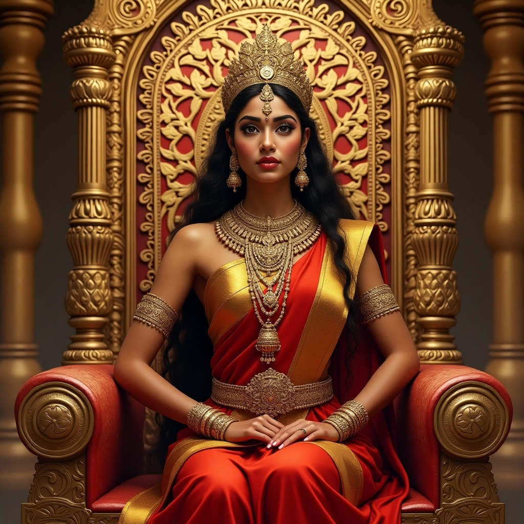 Image of a majestic Indian queen. She is adorned in a red and golden sari. The queen sits gracefully on a grand throne. Intricate Gondwana jewelry adorns her. A lavishly decorated palace backdrop is visible. The walls display the Gondwana emblem.