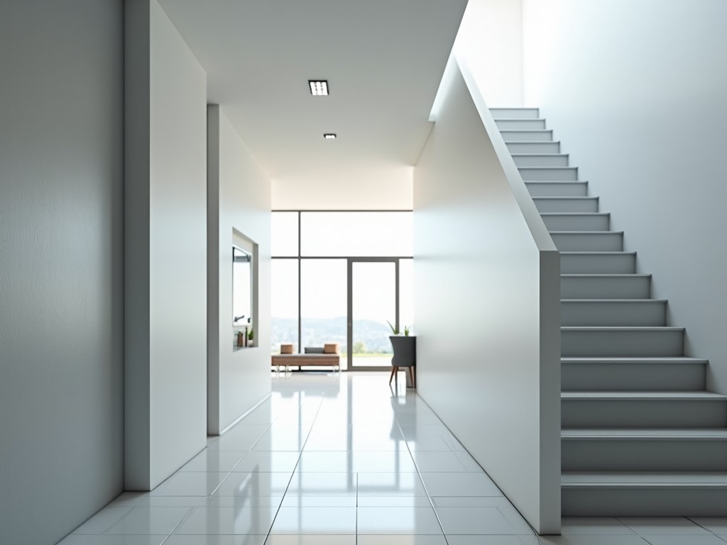 This image depicts a modern interior hallway with a clean and minimalistic design. The walls are a combination of light gray and white, creating a bright atmosphere. To the right, a set of stairs leads upward, while the left side displays a smooth wall with a subtle texture. At the end of the hallway, a glass door opens up to a well-lit room with large windows and a bit of furniture visible. The flooring is tiled with a grid pattern, reflecting the light and enhancing the spacious feel of the area.