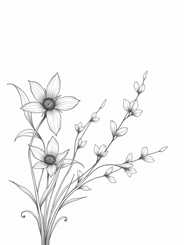 Floral design in line art style. Features detailed flowers and stems. Minimalist approach with black lines on white background.