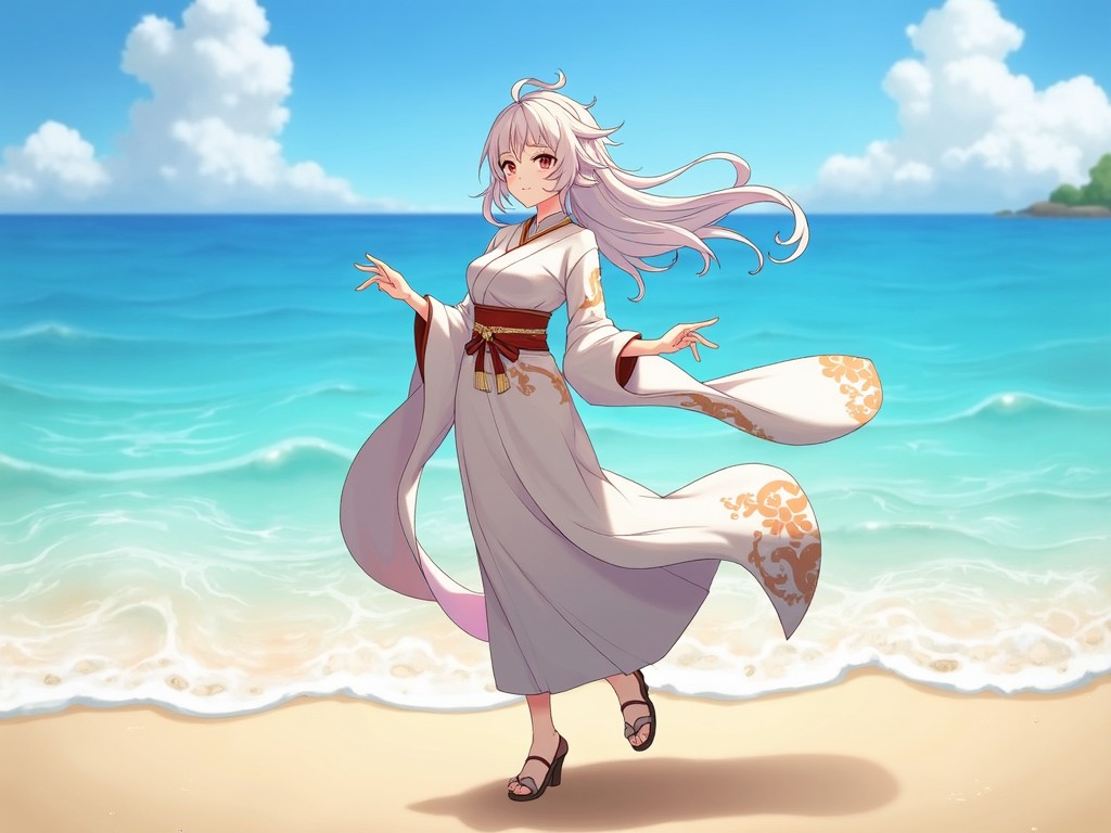 an anime girl in a traditional kimono walking happily along a sunny beach, with azure ocean waves and a clear sky in the background